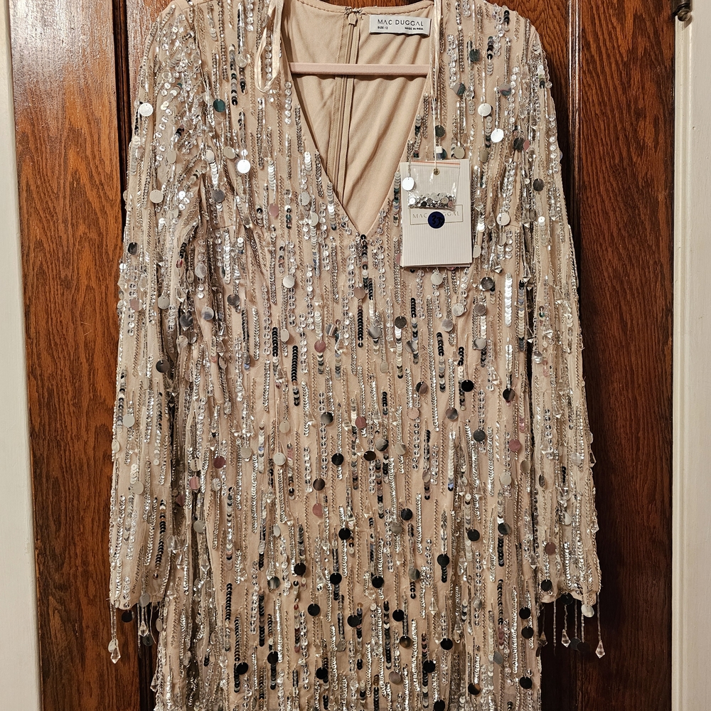 Mac Duggal Beige and Silver Sequin Dress